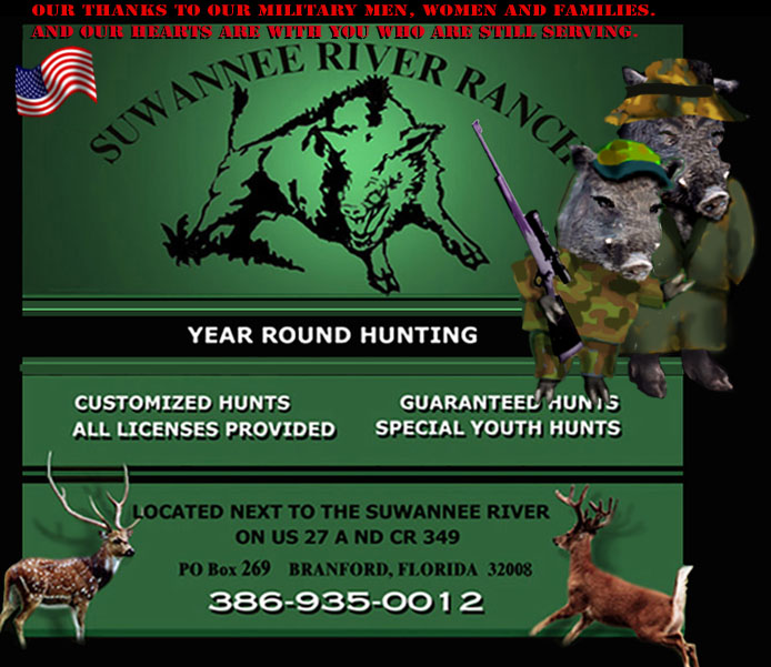 Florida trophy hunts for wild boar, whitetail and exotic deer and other exotic trophy animals at Suwannee 
River Ranch hunting preserve